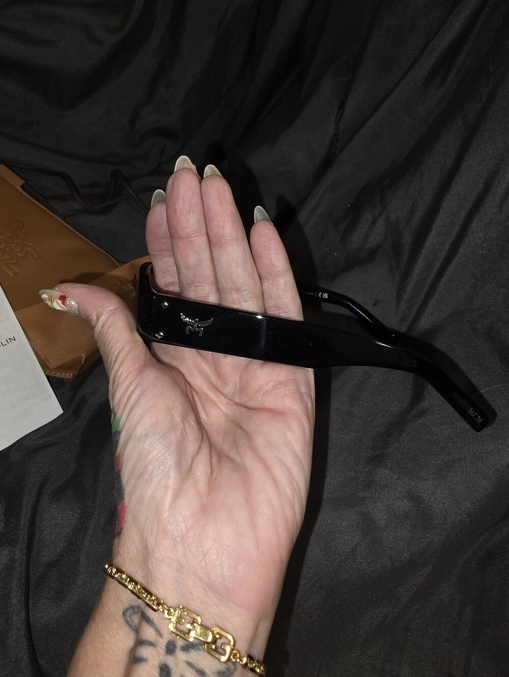 MCM Black Rectangular Men’s Rx Glasses with Goldtone Temple Accents - Picture 3 of 7